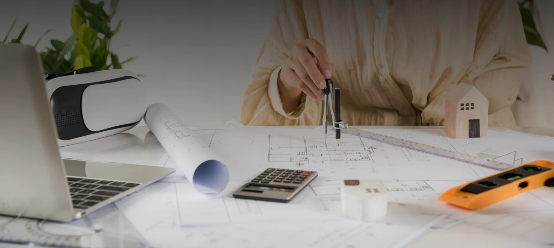 Architect's desk with plans and instruments