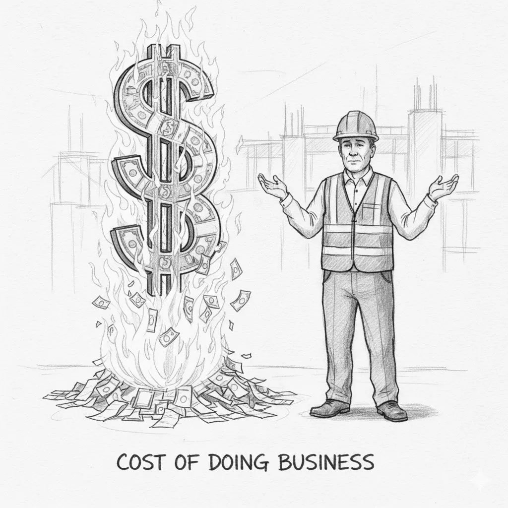 Worker shrugging at flaming dollar sign