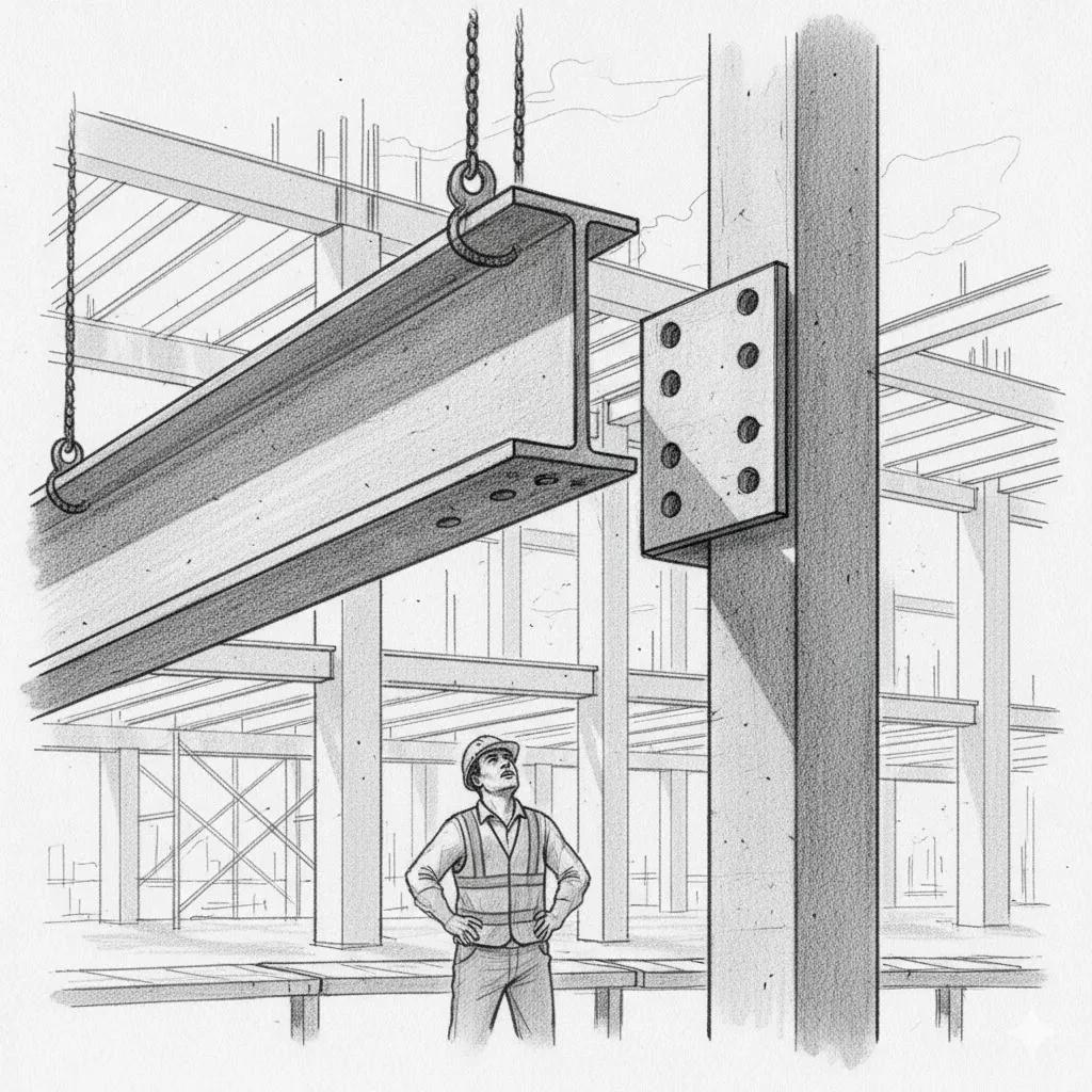 Worker inspecting suspended steel beam