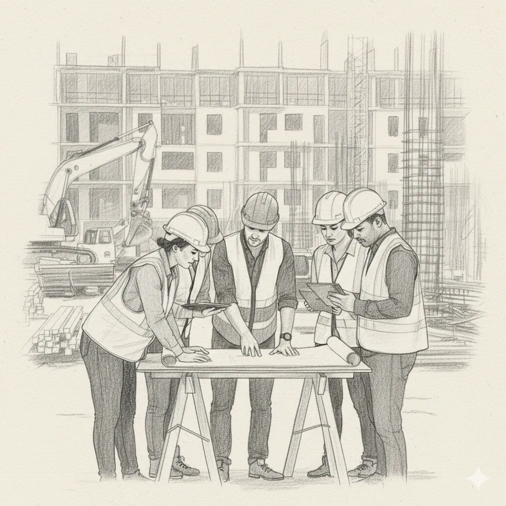 Construction team reviewing blueprints on site