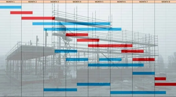 Construction timeline with scaffolding background